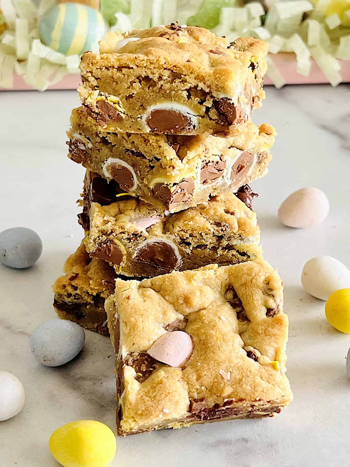 Cadbury Mini Egg Cookie Bars Best recipe stacked cookies with mini egg chocolate candies.