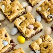 Cadbury Mini Egg Cookie Bars loaded with chocolate chips and Easter candy.
