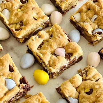 Cadbury Mini Egg Cookie Bars loaded with chocolate chips and Easter candy.