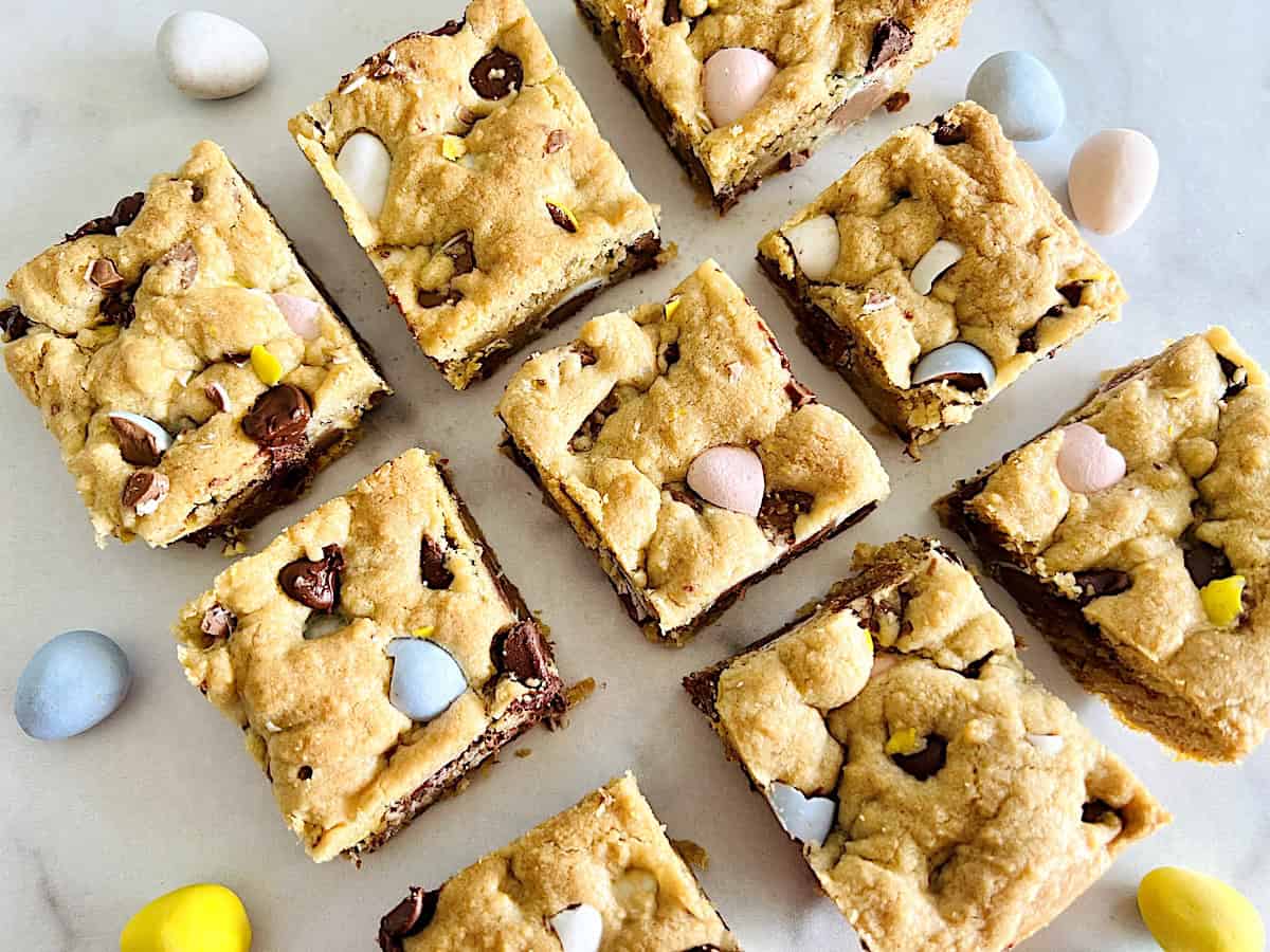 Cadbury Mini Egg Easter Cookies cut into squares.