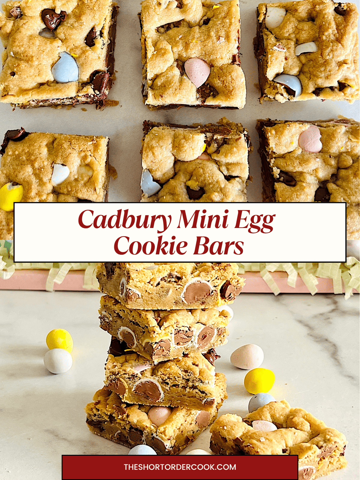 Best Easter dessert in two photos of bar cookies with chocolate chips and Cadbury mini eggs.