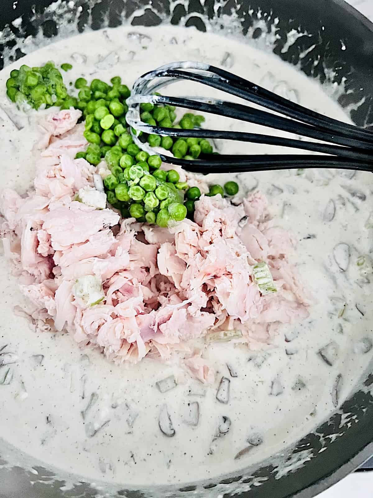 Keto Chicken Pot Pie Adding shredded rotisserie chicken and peas to filling.