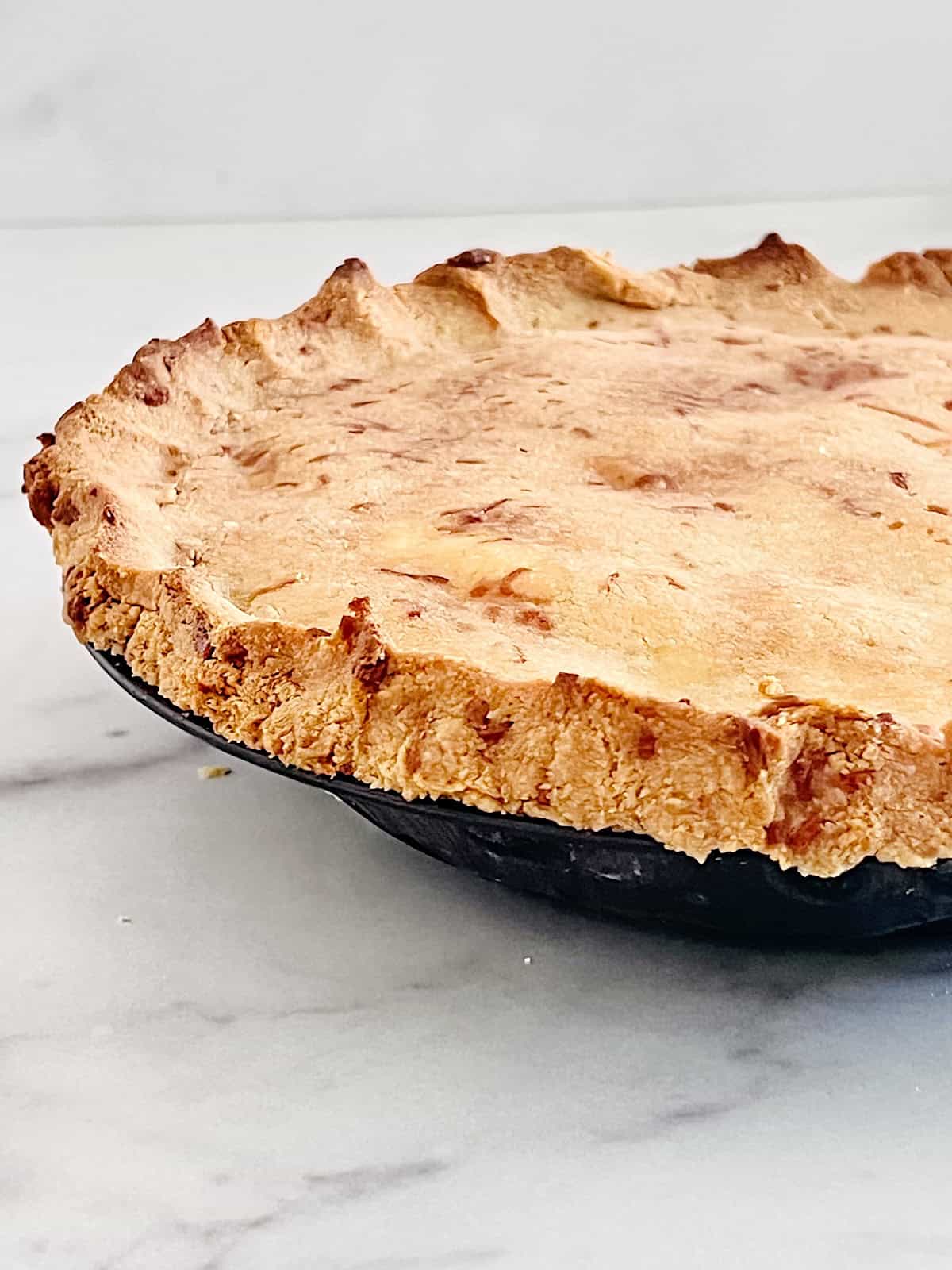 Keto Chicken Pot Pie Side view of golden crust fresh baked.peg.