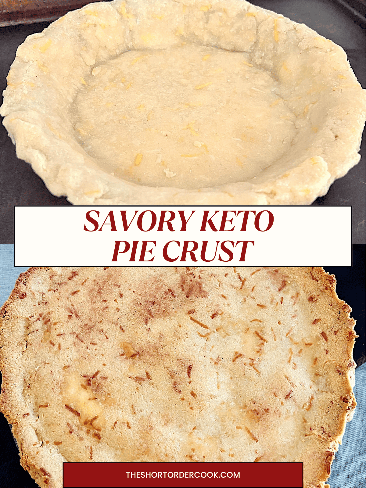 Two photos of homemade lowcarb keto pie crust made from almond flour & butter.