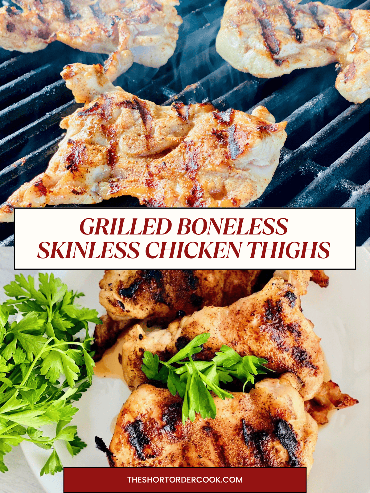 Two photos of deboned & seasoned chicken thighs with grill marks cooking and on a plate.
