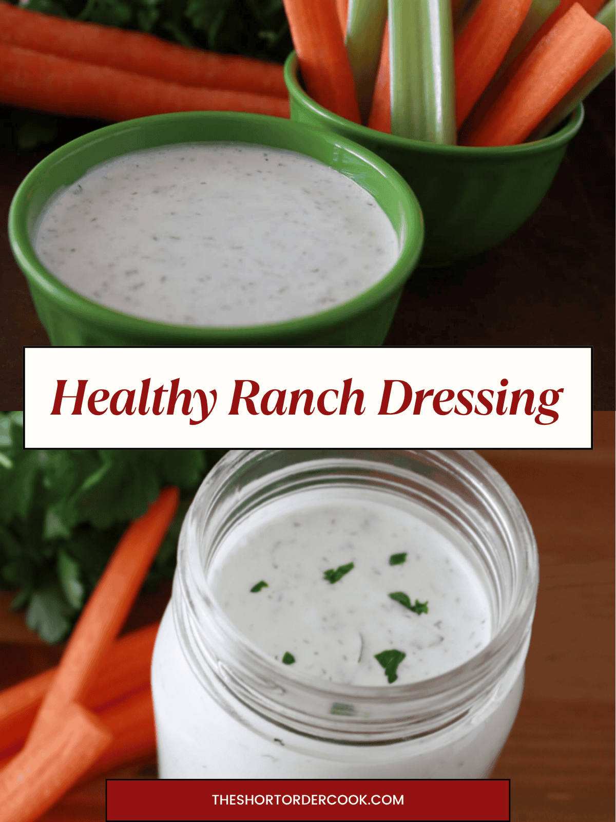 Two photos of healthy ranch dressing served with veggie sticks and on a salad.