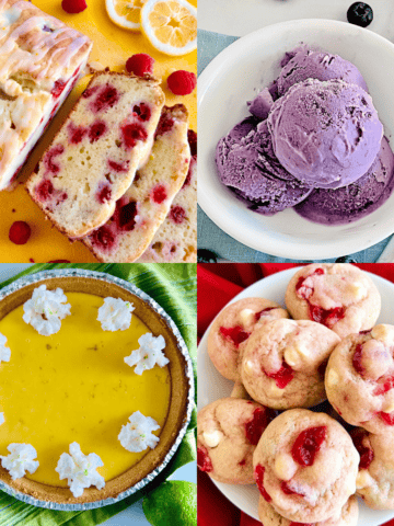 4 photos of desserts made with spring fruits and pretty colors.