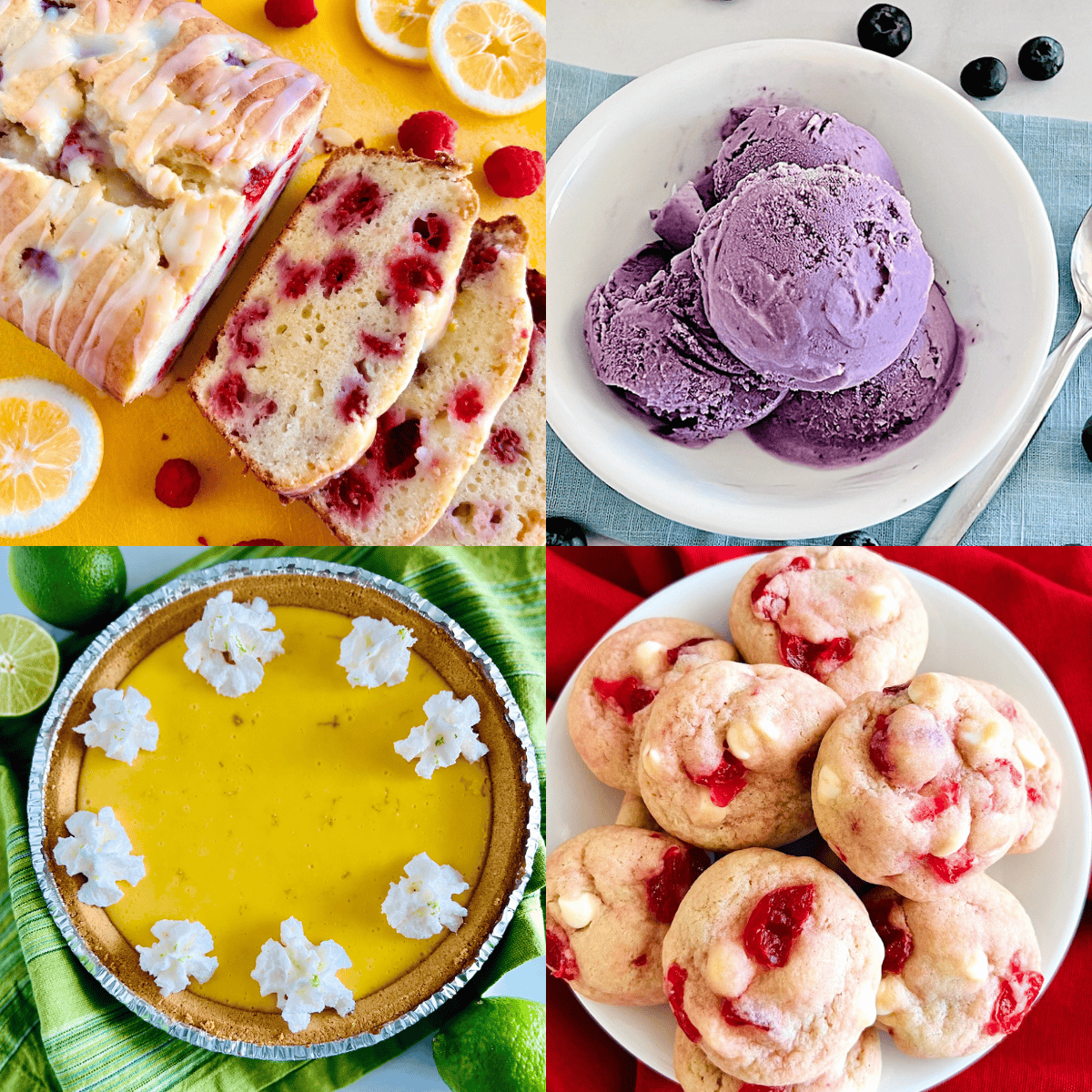 4 photos of desserts made with spring fruits and pretty colors.