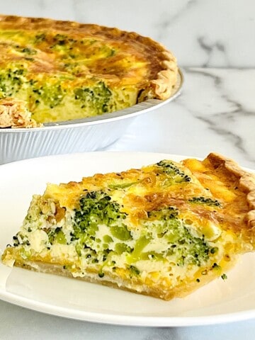 Broccoli Cheese Quiche with eggs, milk, cheddar jack and frozen pie crust.