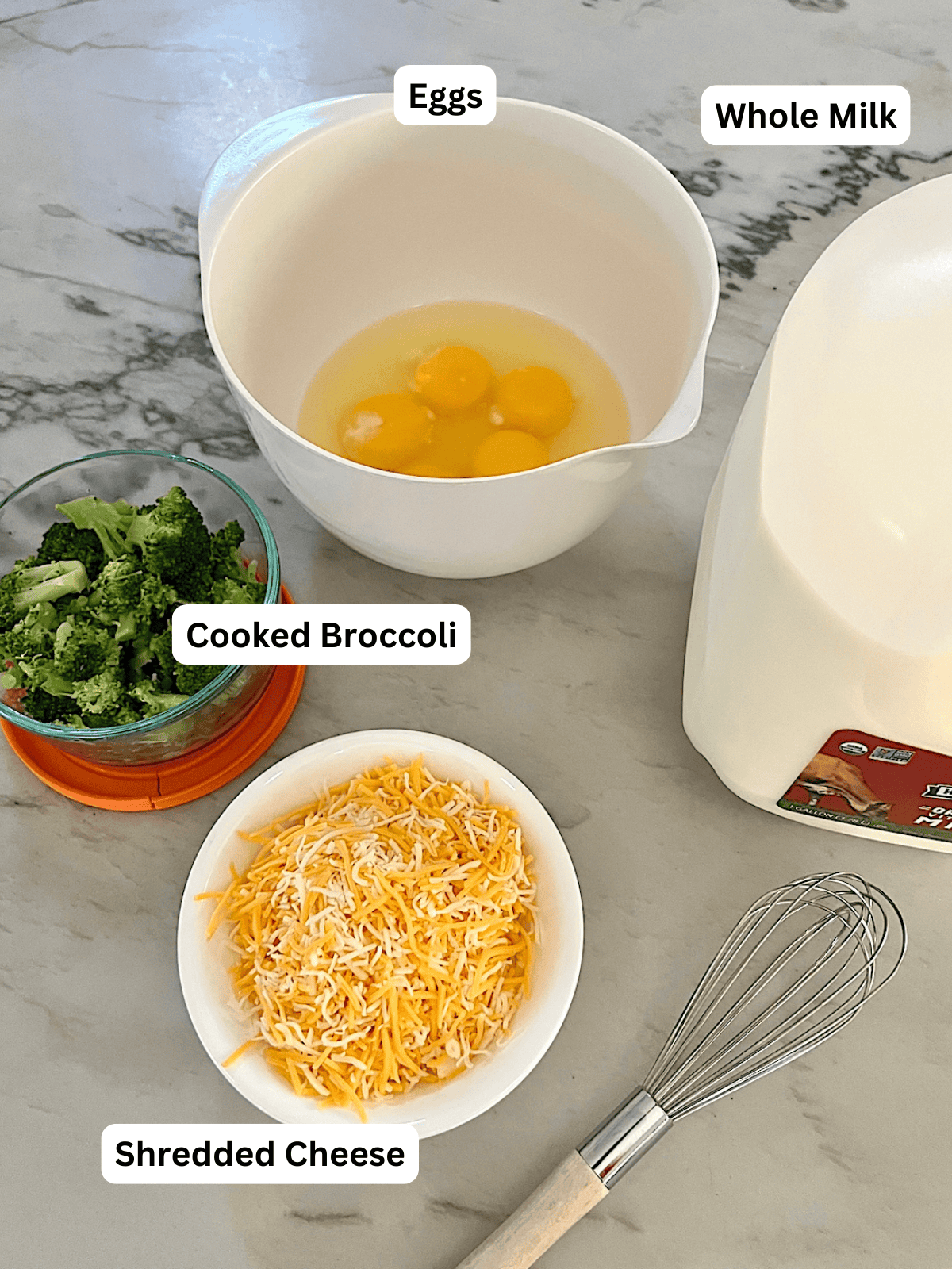 Broccoli Cheese Quiche Ingredients with Labels.