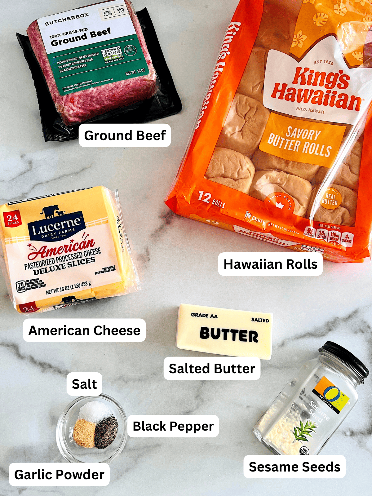 Cheeseburger Sliders Ingredients with Labels for King's Hawaiian rolls, ground beef, cheese and more.