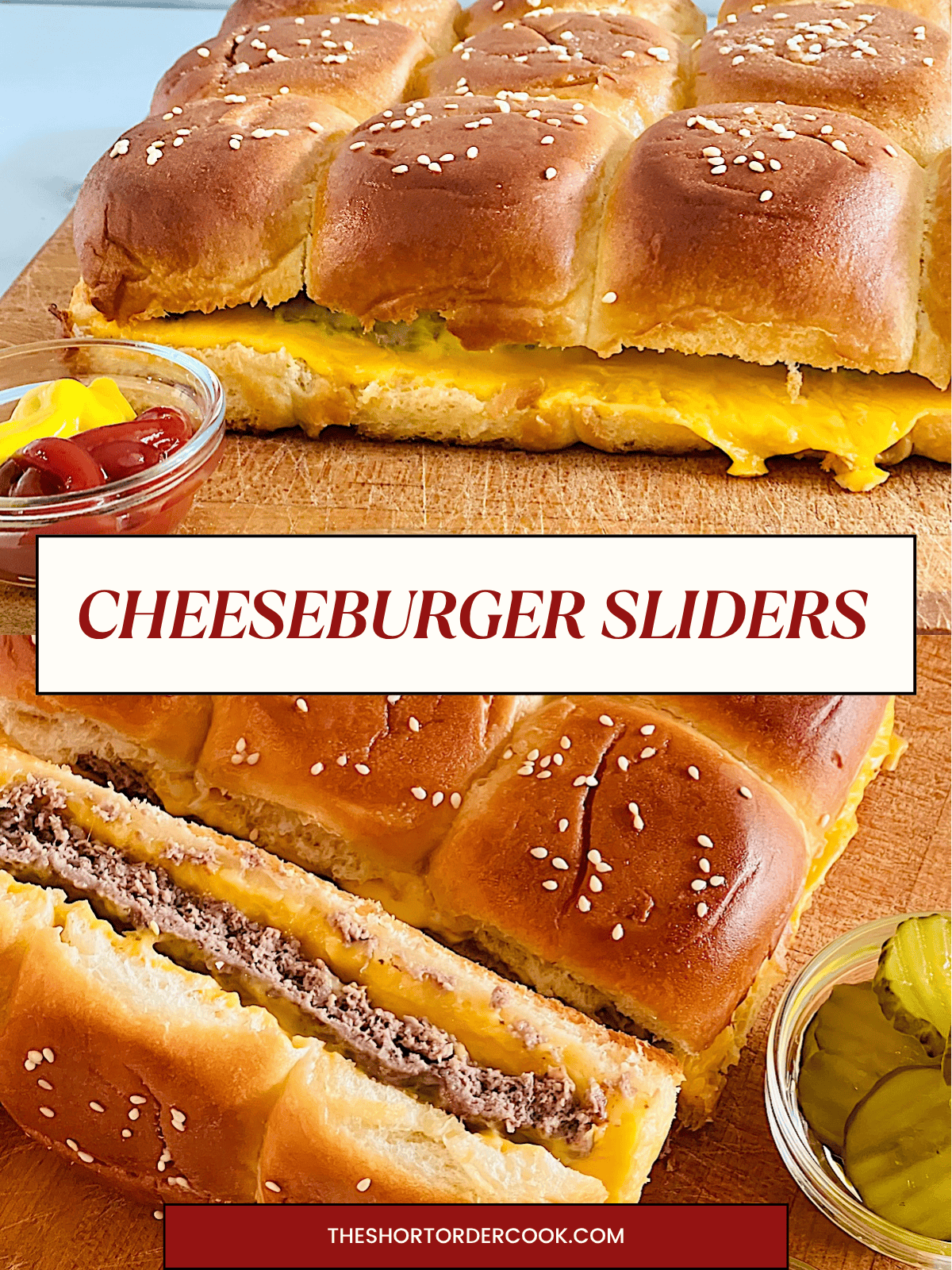 Two photos of baked cheeseburger sliders.