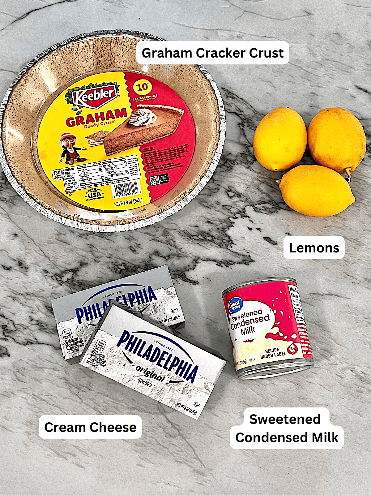 No-Bake Lemon Cheesecake Pie 4 Ingredients with Labels.