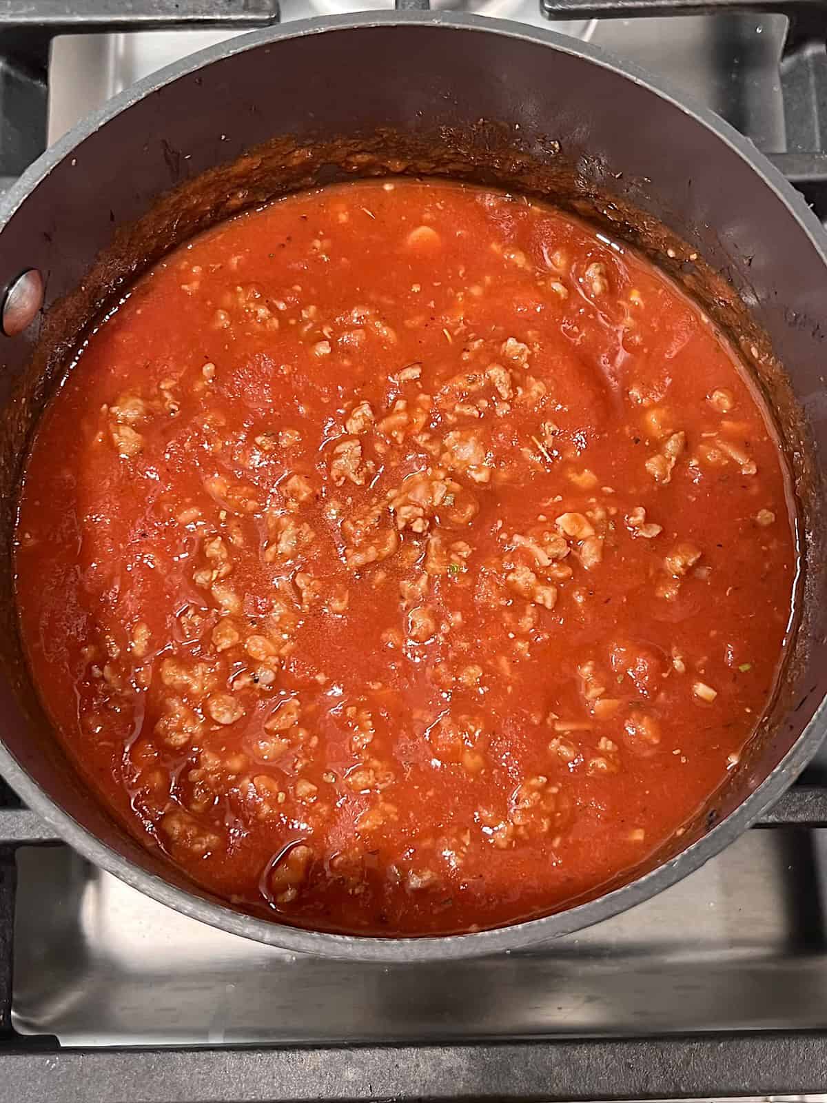 Rigatoni and Meat Sauce Ppot on the stove showing the reduction in sauce as it cooked and thickened.