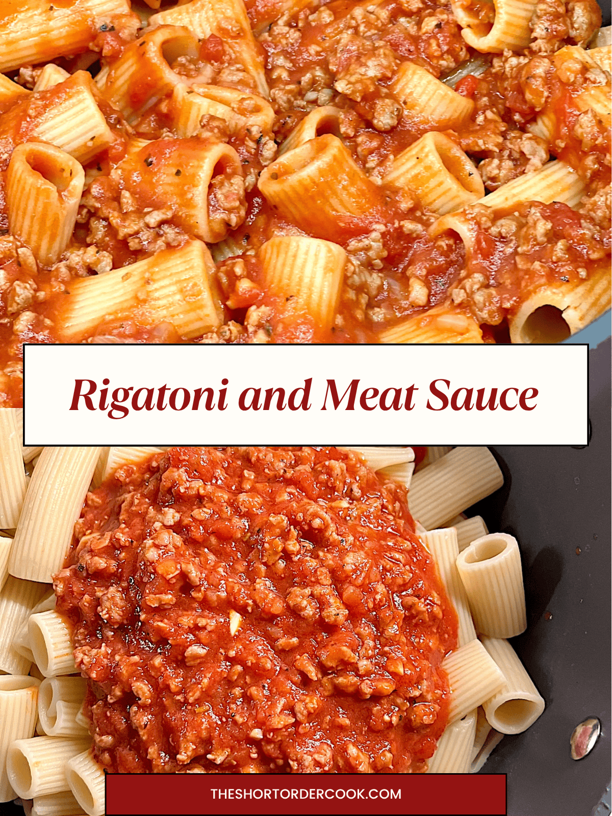 Two photos of Rigatoni and Tomato Garlic Meat Sauce