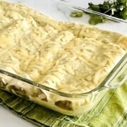 Enchiladas Suizas with shredded chicken & cheese baked in green chile cilantro cream sauce.