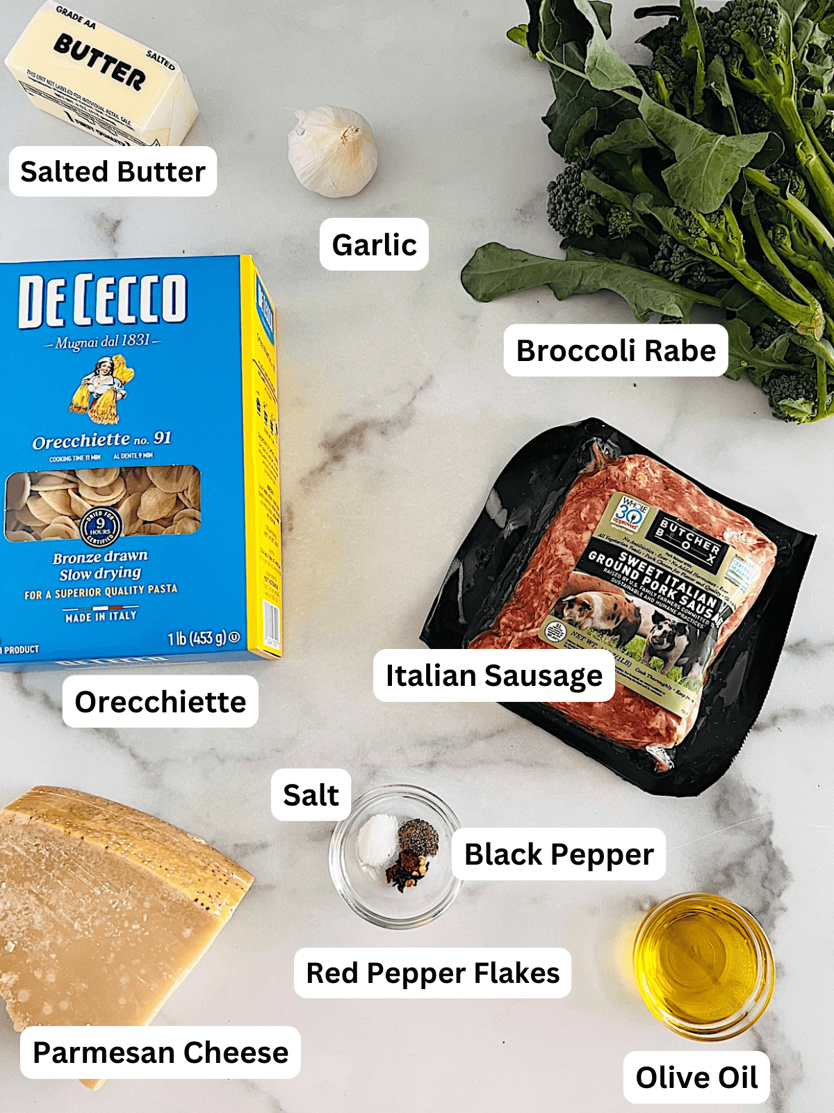Orecchiette with Sausage and Broccoli Rabe Ingredients with Labels.