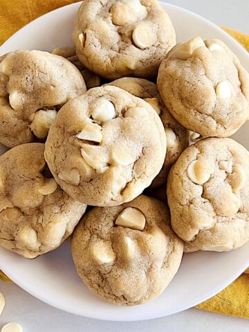 White Chocolate Chip Macadamia Nut Cookies on a plate.