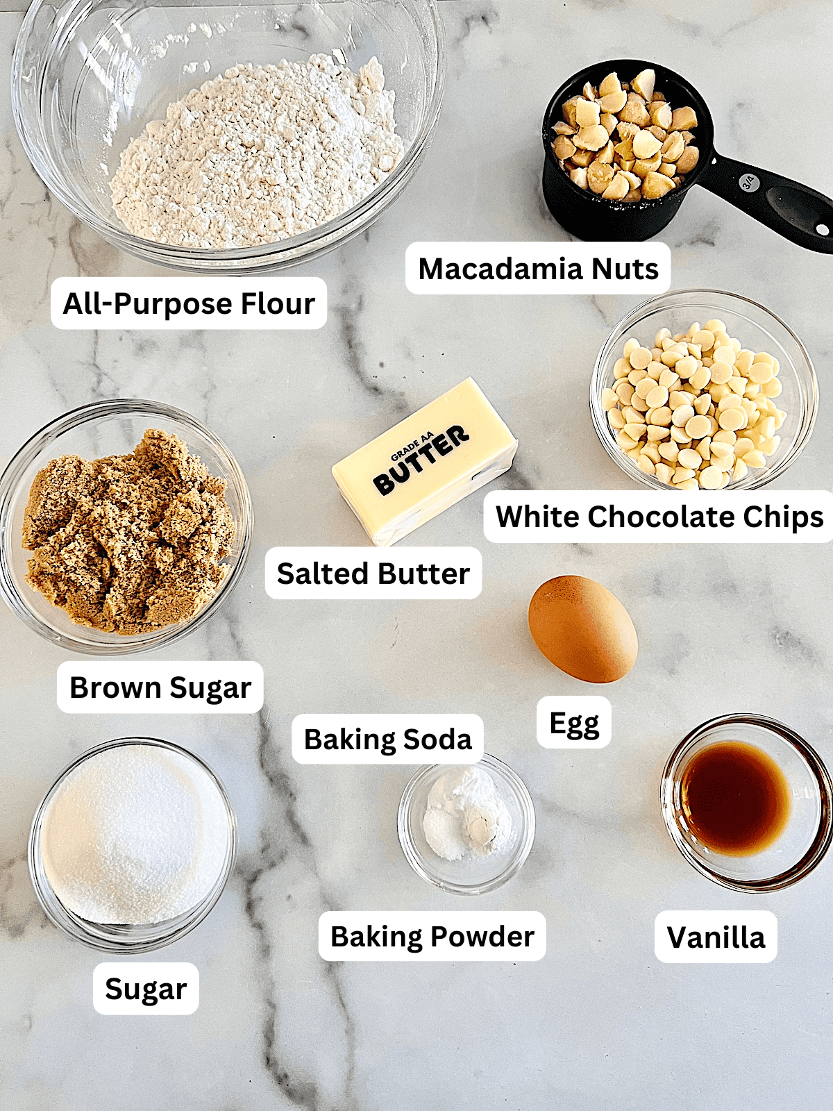White Chocolate Macadamia Cookies Ingredients with Labels.