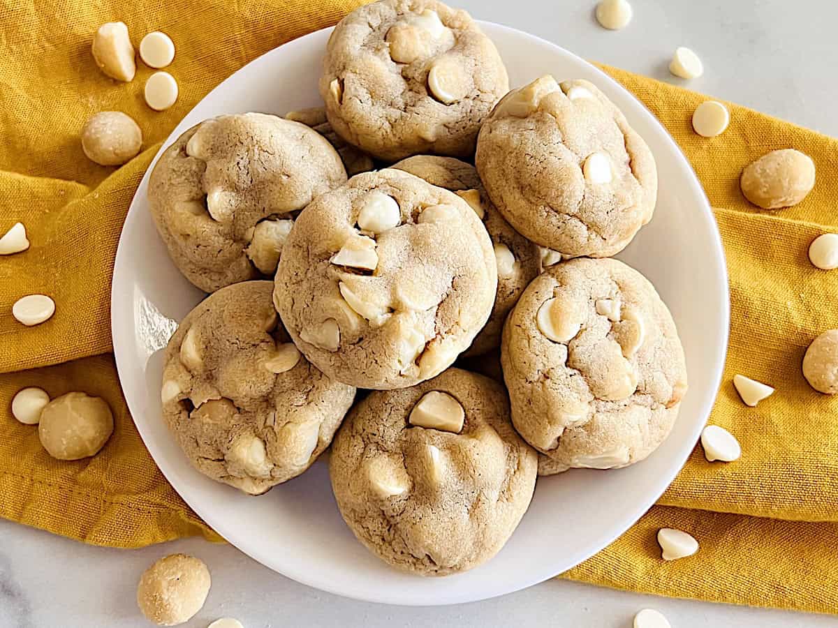 Homemade White Chocolate Chip Macadamia Nut Cookies plated ready to eat.
