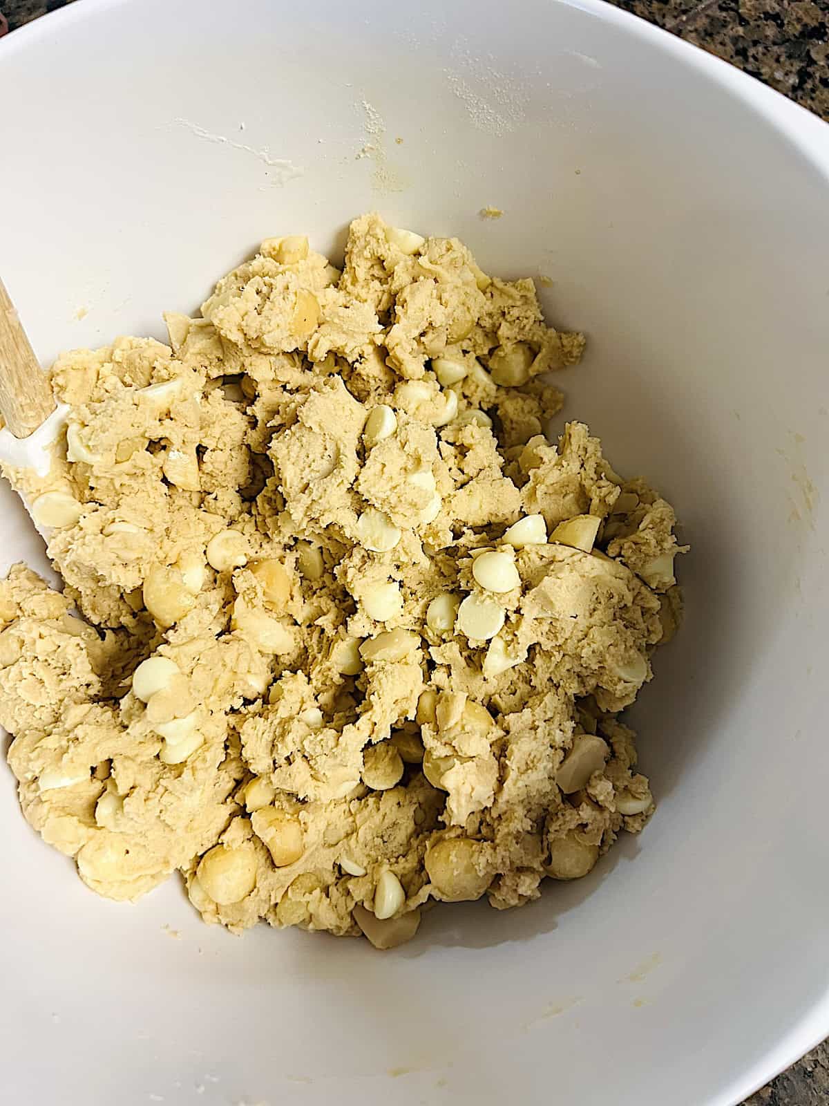White Chocolate Macadamia Cookies Mixed ready to drop and bake.