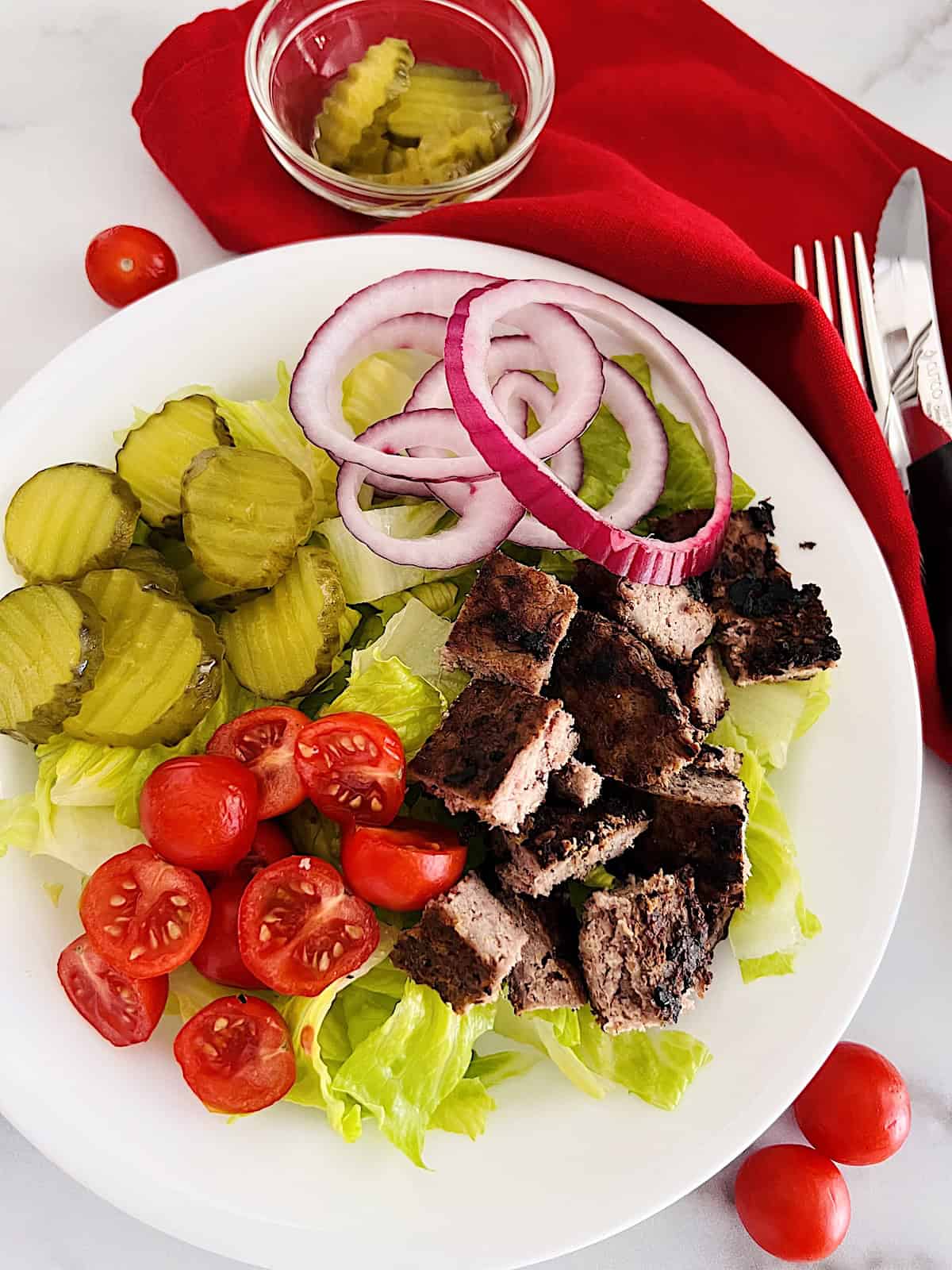 Healthy Burger Bowl Best recipe with ground beef patty lettuce tomatoes onion and pickles.