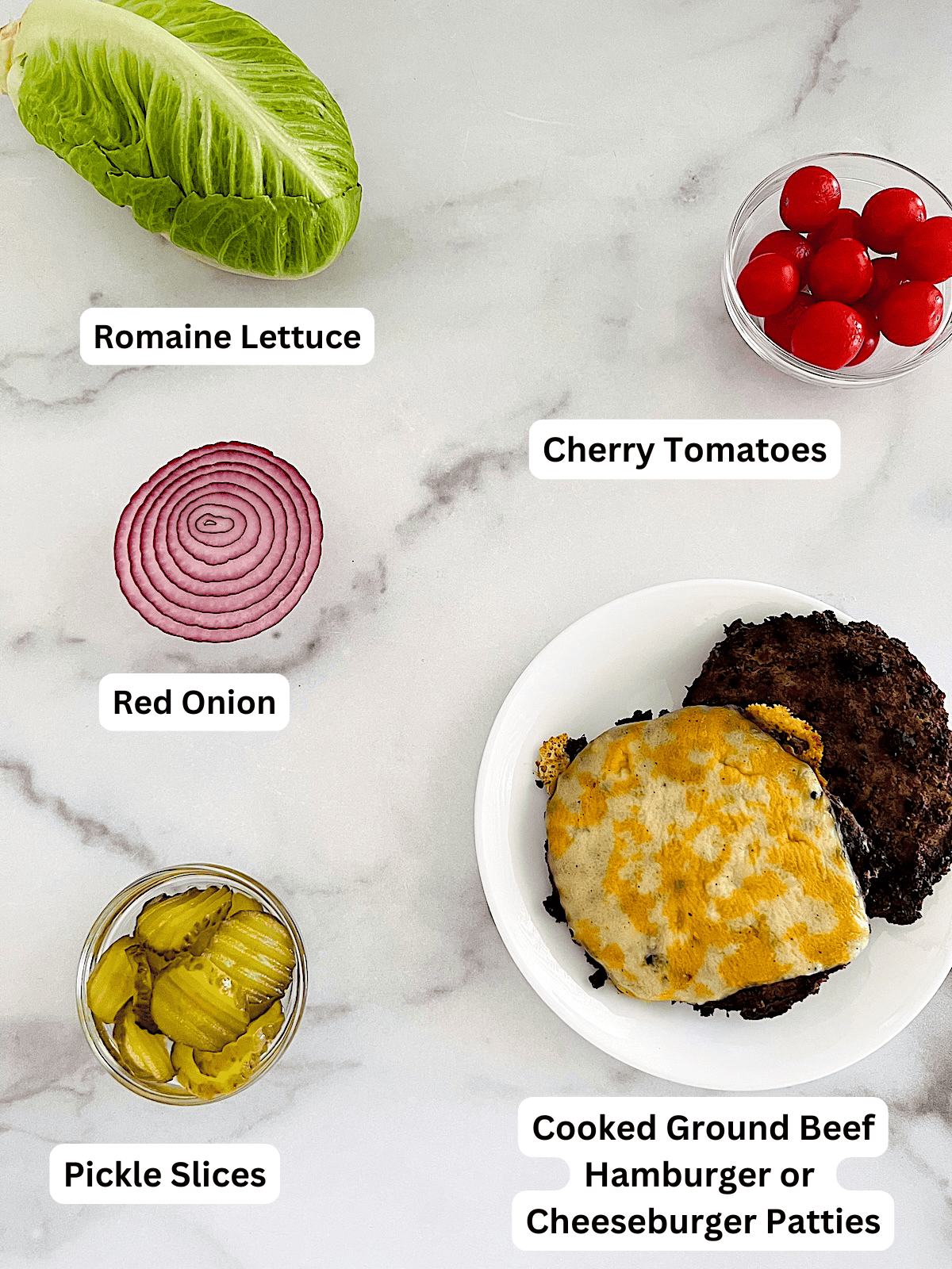 Healthy Burger Bowl Ingredients with Labels.