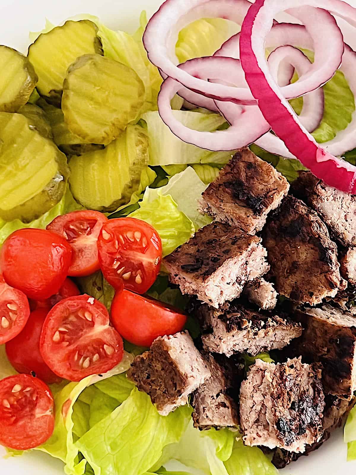 Healthy Burger Bowls close up of assembled in bowl.