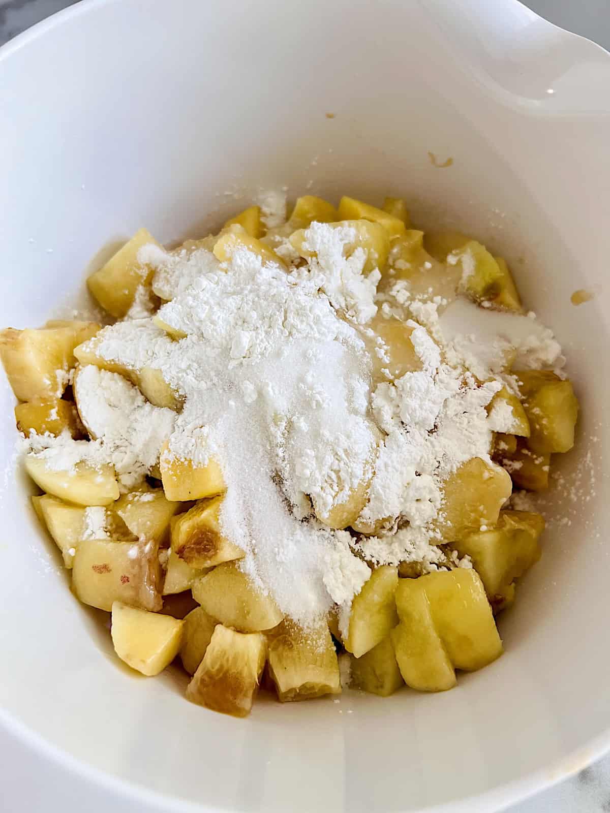 Peach Crumble Pie Bowl with diced peaches sugar cornstarch lemon juice for pie filling recipe.