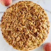 Peach Crumble Pie fresh baked unsliced.