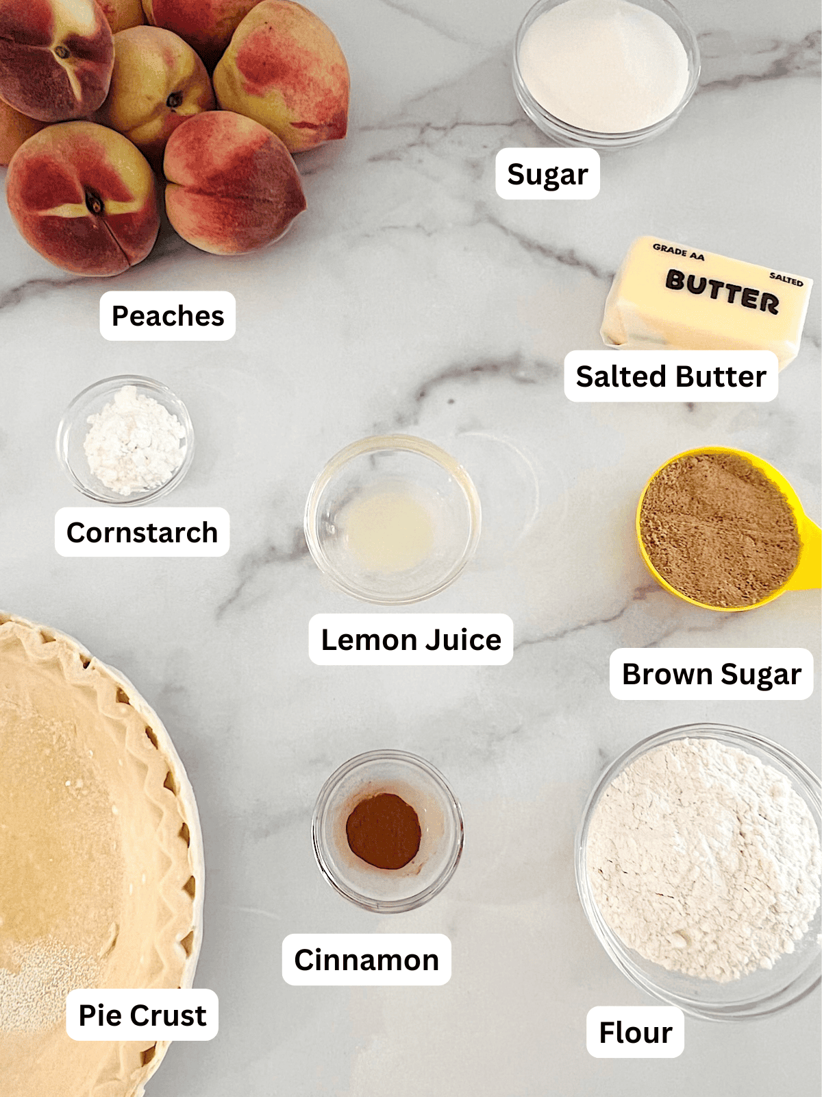 Peach Crumble Pie Ingredients with Labels.