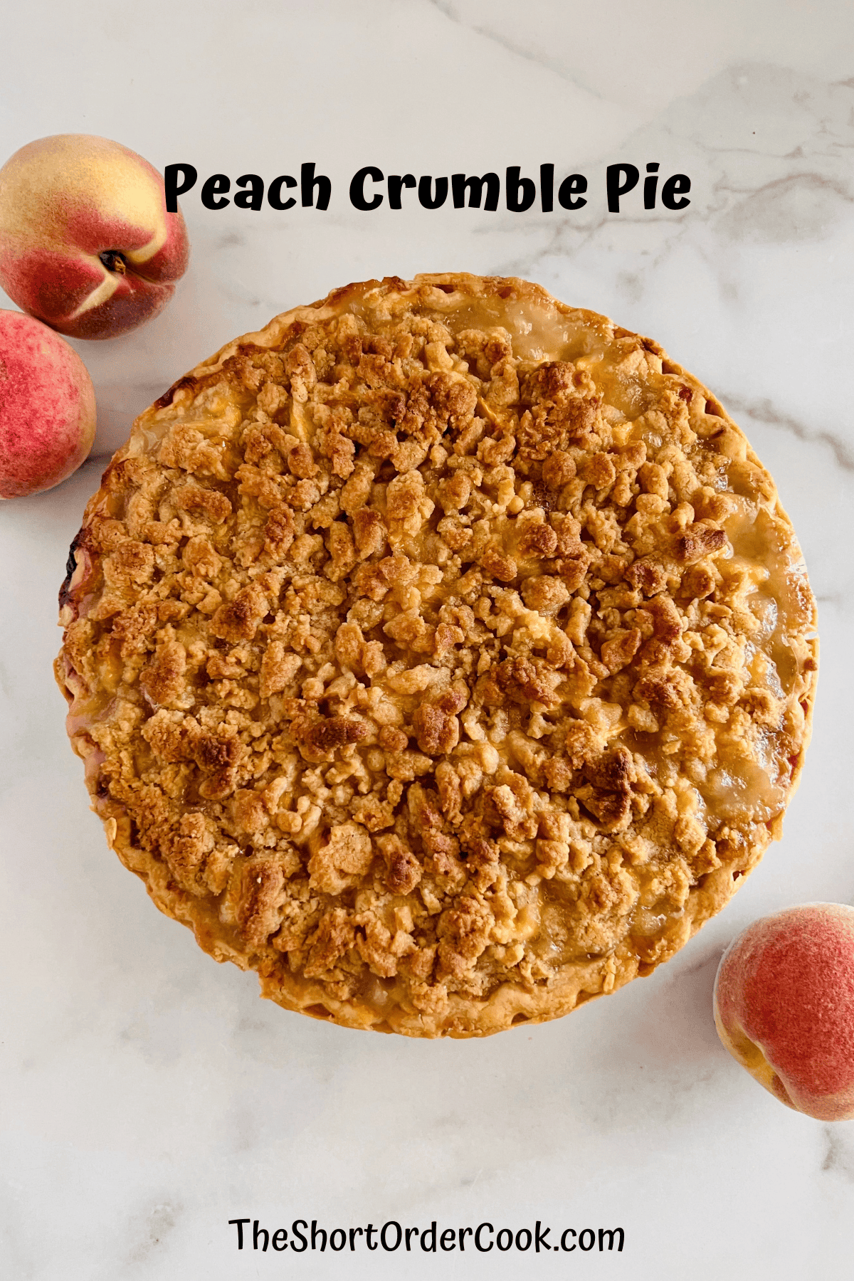Peach Crumble Pie Baked and ready to slice and serve.