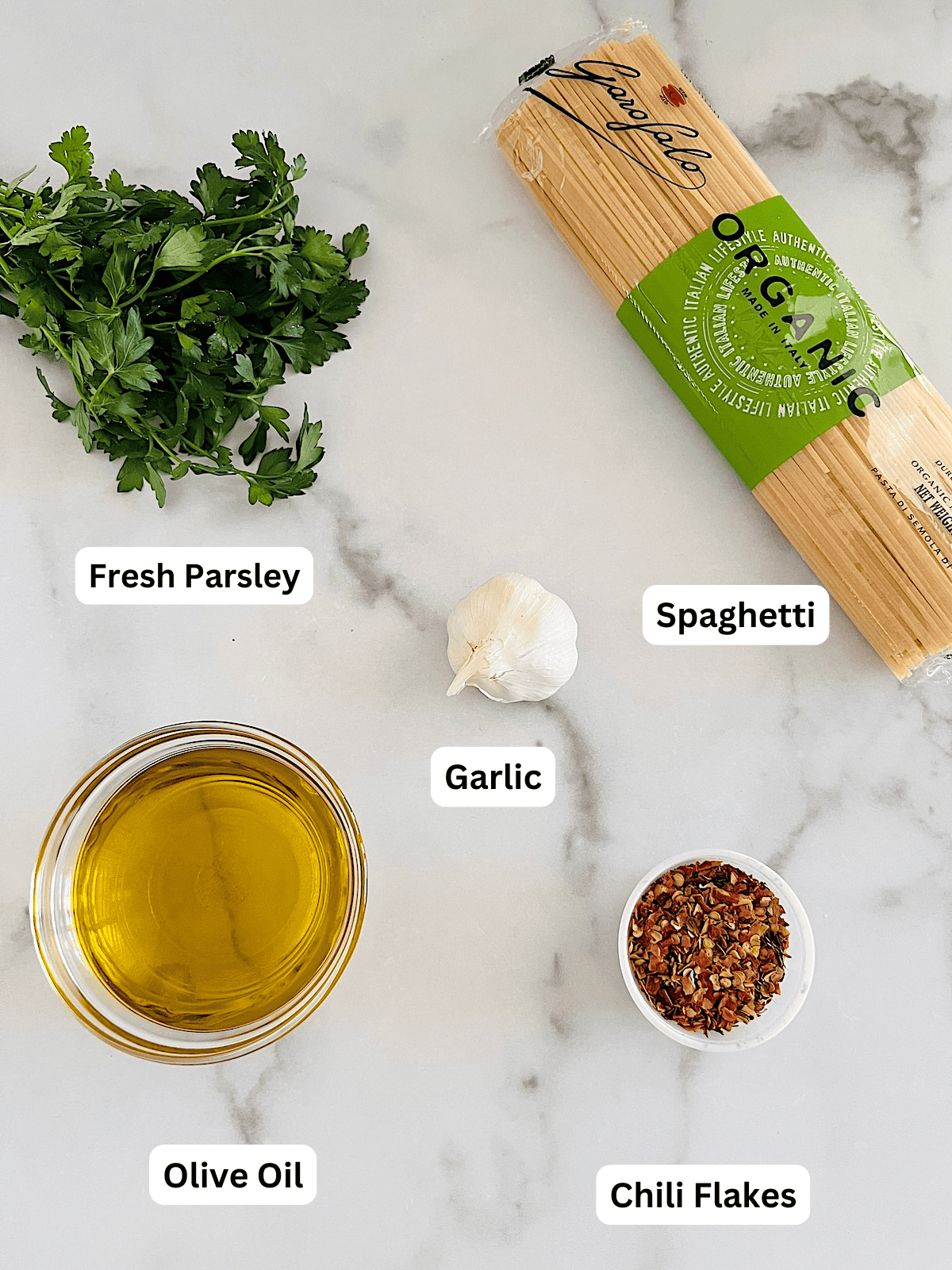 Spaghetti Aglio Olio e Peperoncino Ingredients with Labels