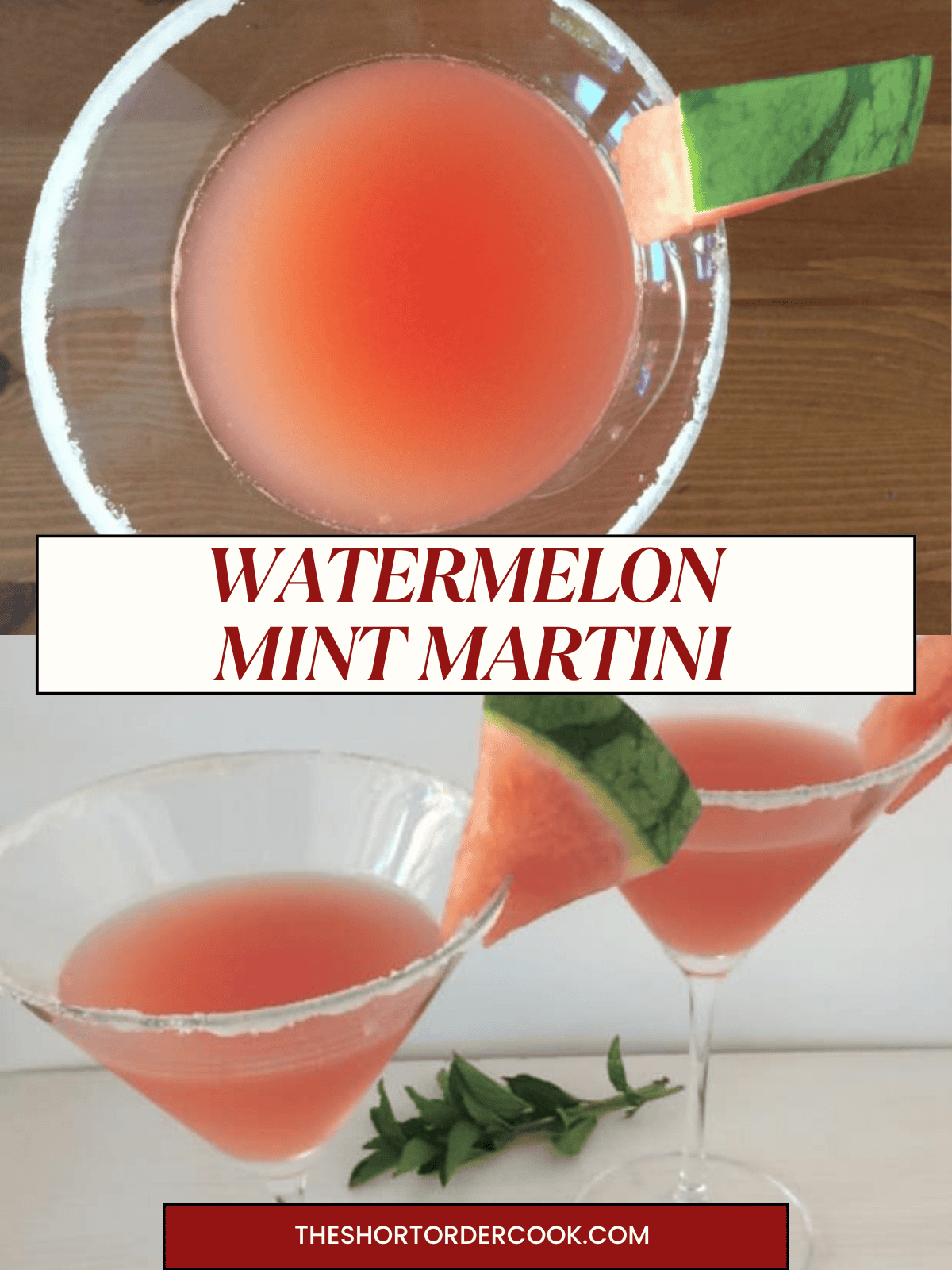 Two photos of fresh watermelon pink martinis with mint and sugar rim.