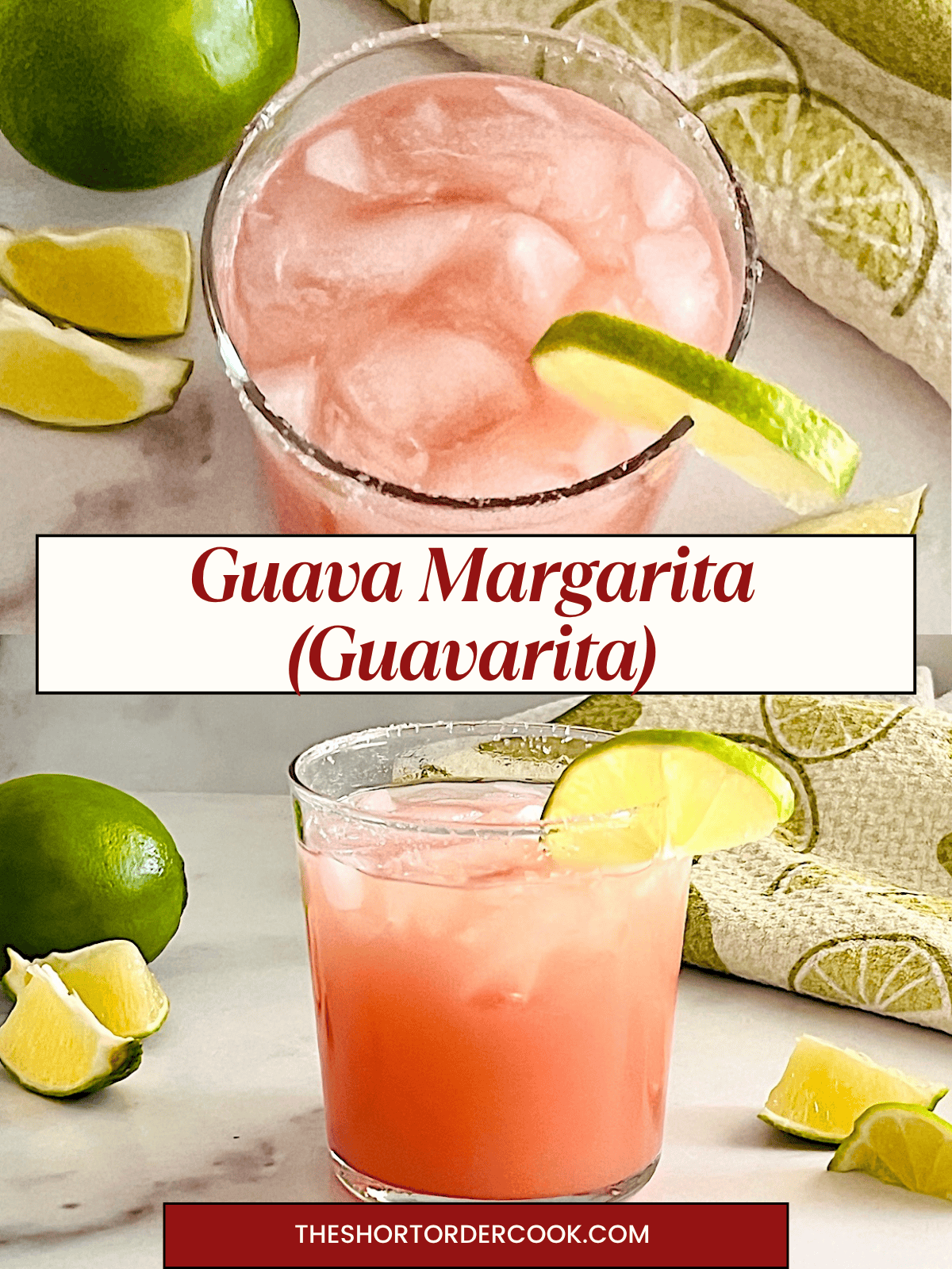 Two photos of Guava Margaritas, the pretty pink tequila cocktail for summer