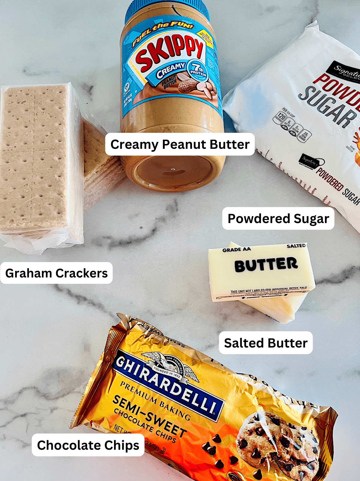 No Bake Chocolate Peanut Butter Bars Ingredients with Labels