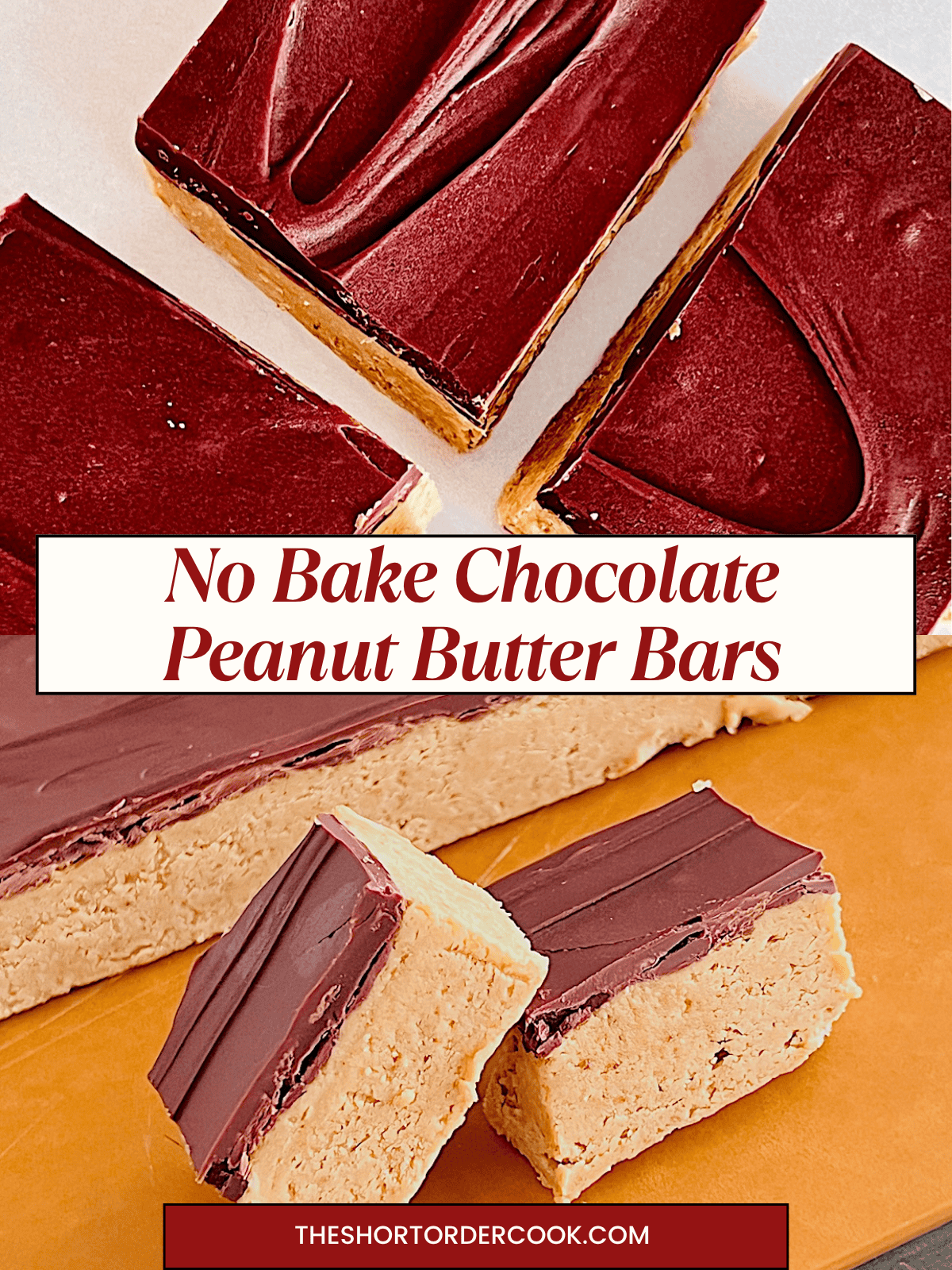 Two photos of chocolate topped crispy creamy no bake peanut butter dessert bars.