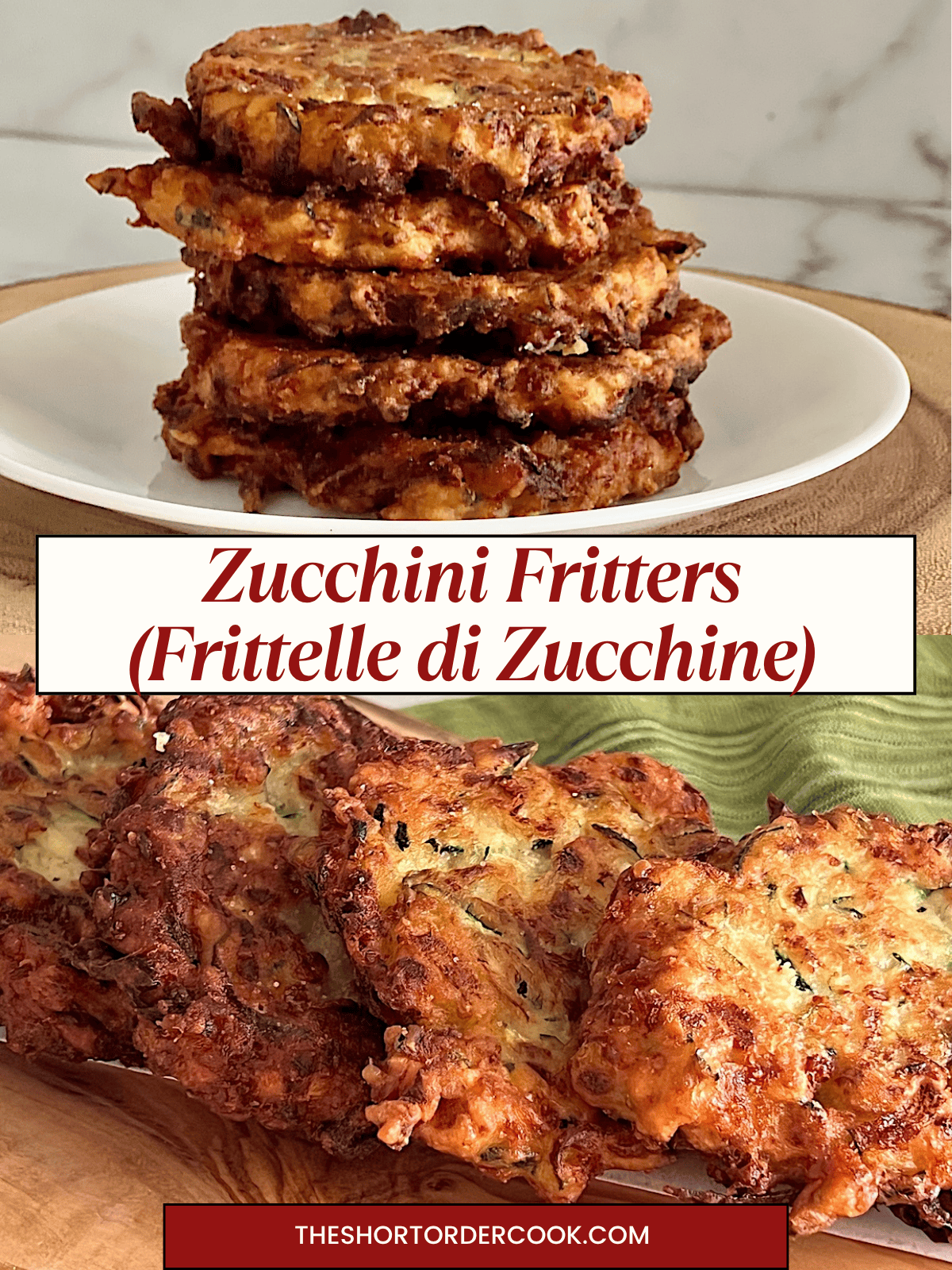 Two photos of fried squash pancakes, Italian zucchini fritters.