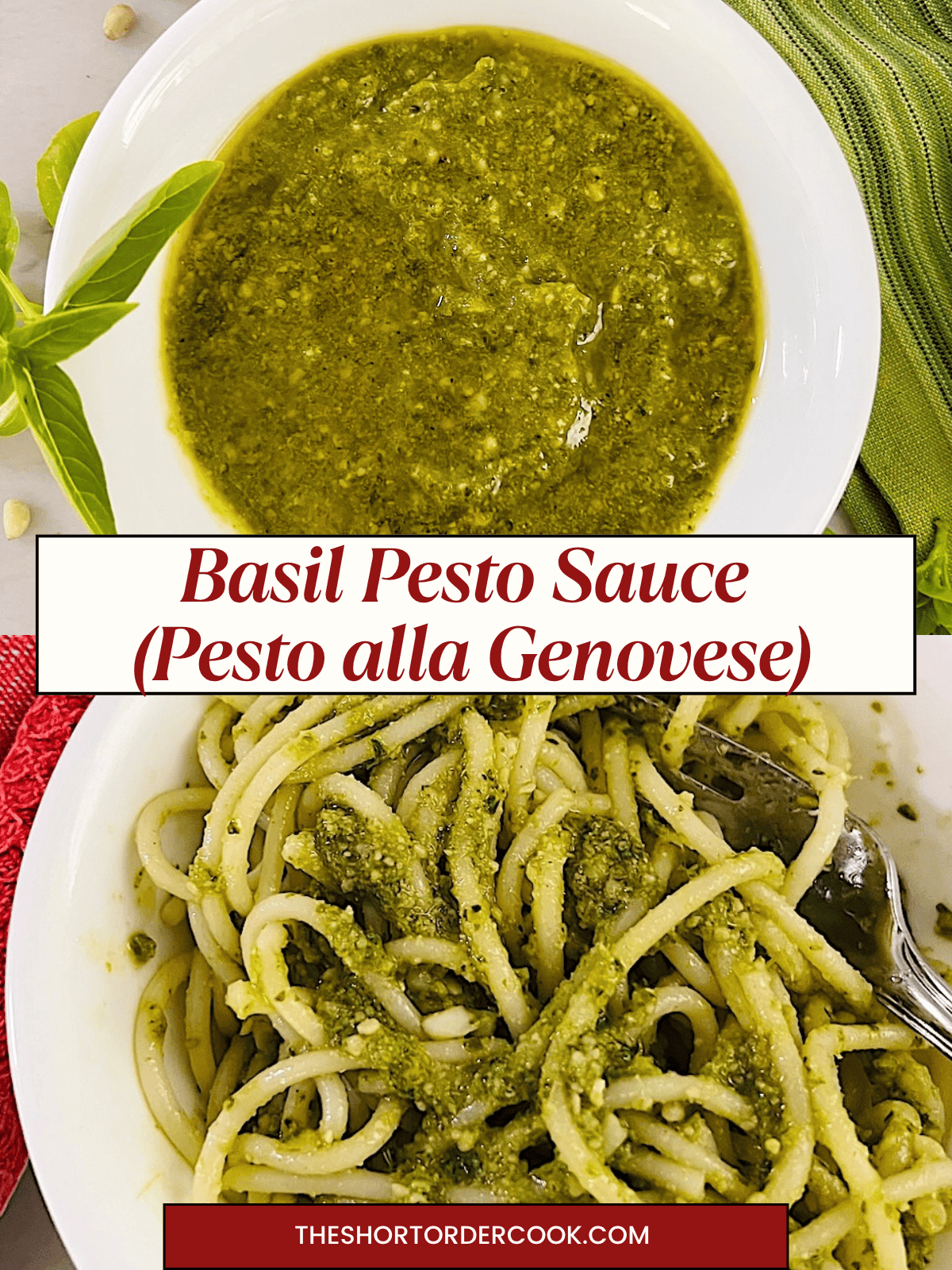 Two photos of fresh pesto in a bowl and one tossed with spaghetti ready to eat.