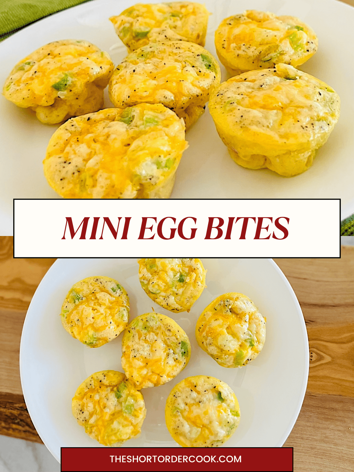 Two photos of cheesy egg bites with ham and green onions.