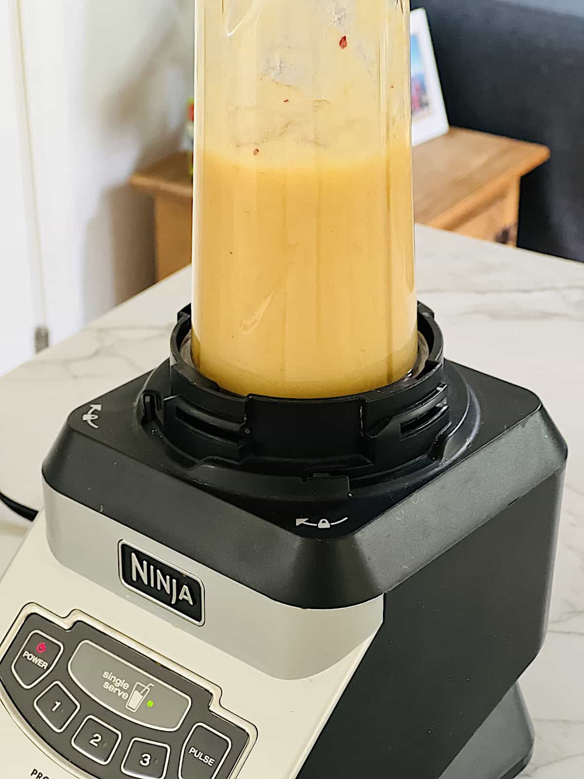 Blended peaches, sugar and vanilla.