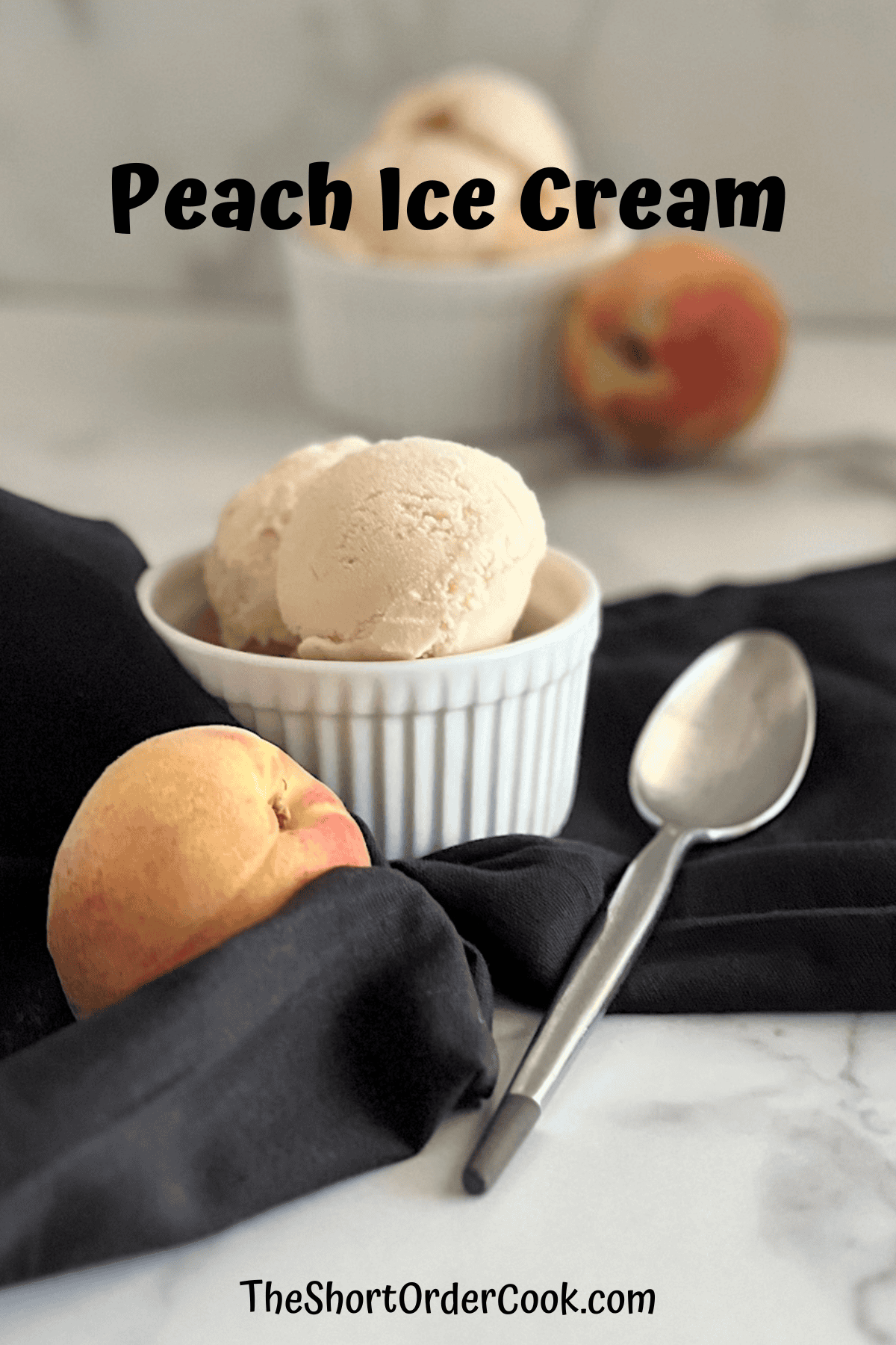 Homemade Fresh Peach Ice Cream scoops into bowls