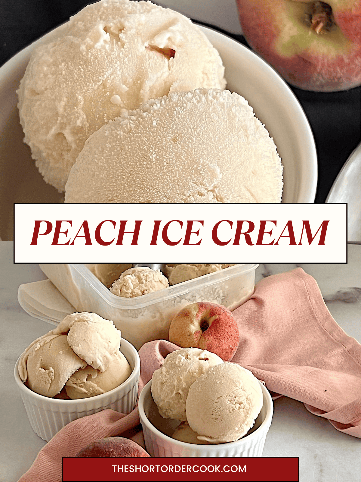 Two photos of Peach Ice Cream Serving scoops into bowls