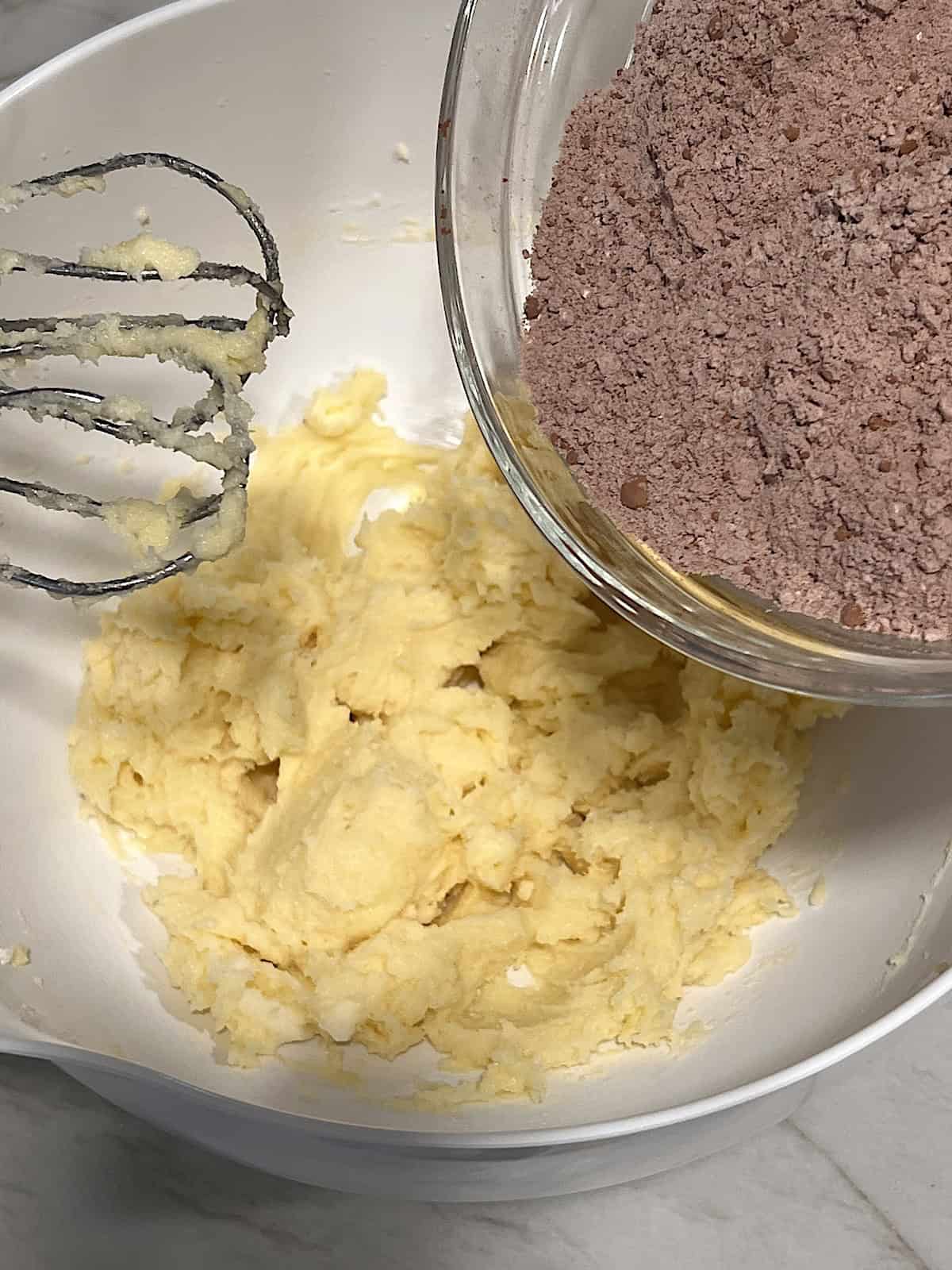 Turtle Thumbprint Cookies Adding dry ingredients to wet