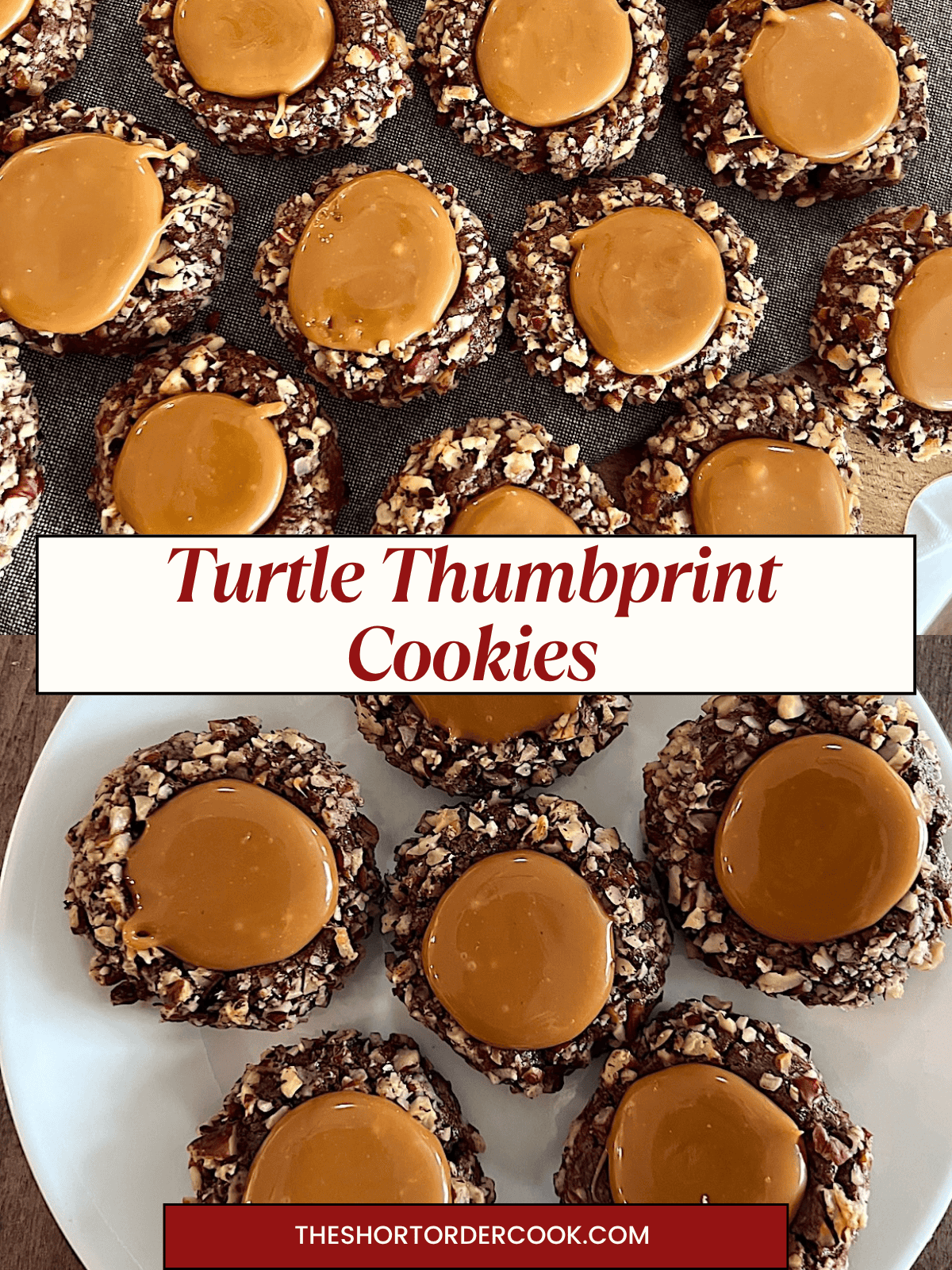 Two photos of Turtle Thumbprint Cookies