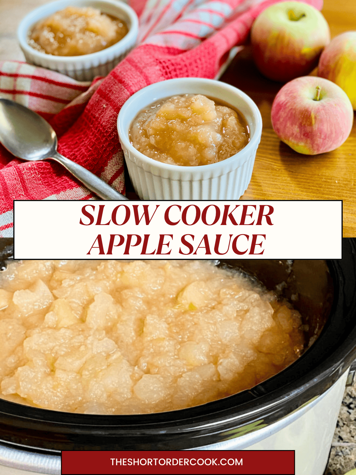 2 photos of homemade apple sauce made in the CrockPot slow cooker from scratch