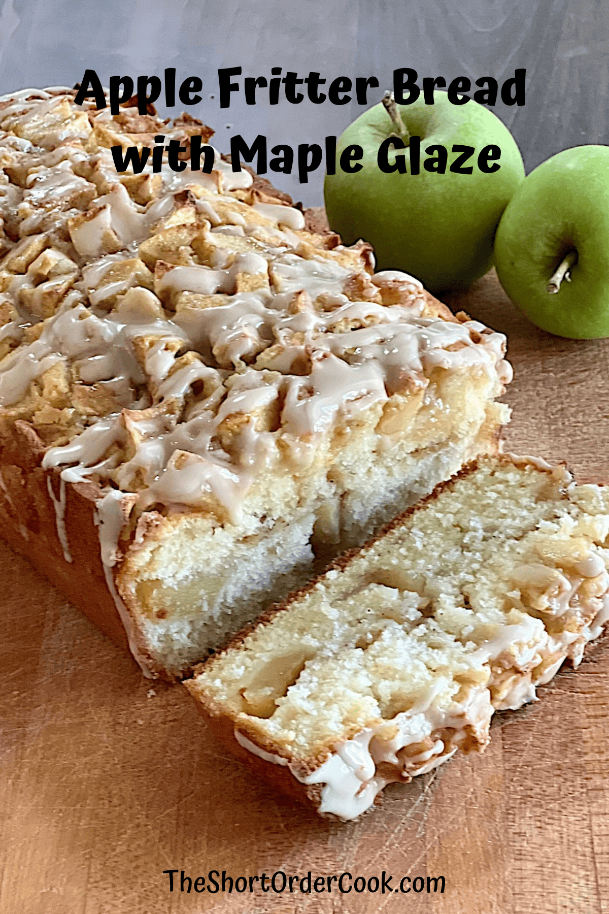 Apple Fritter Bread with Maple Glaze sliced to see apple chunks and brown sugar swirls.