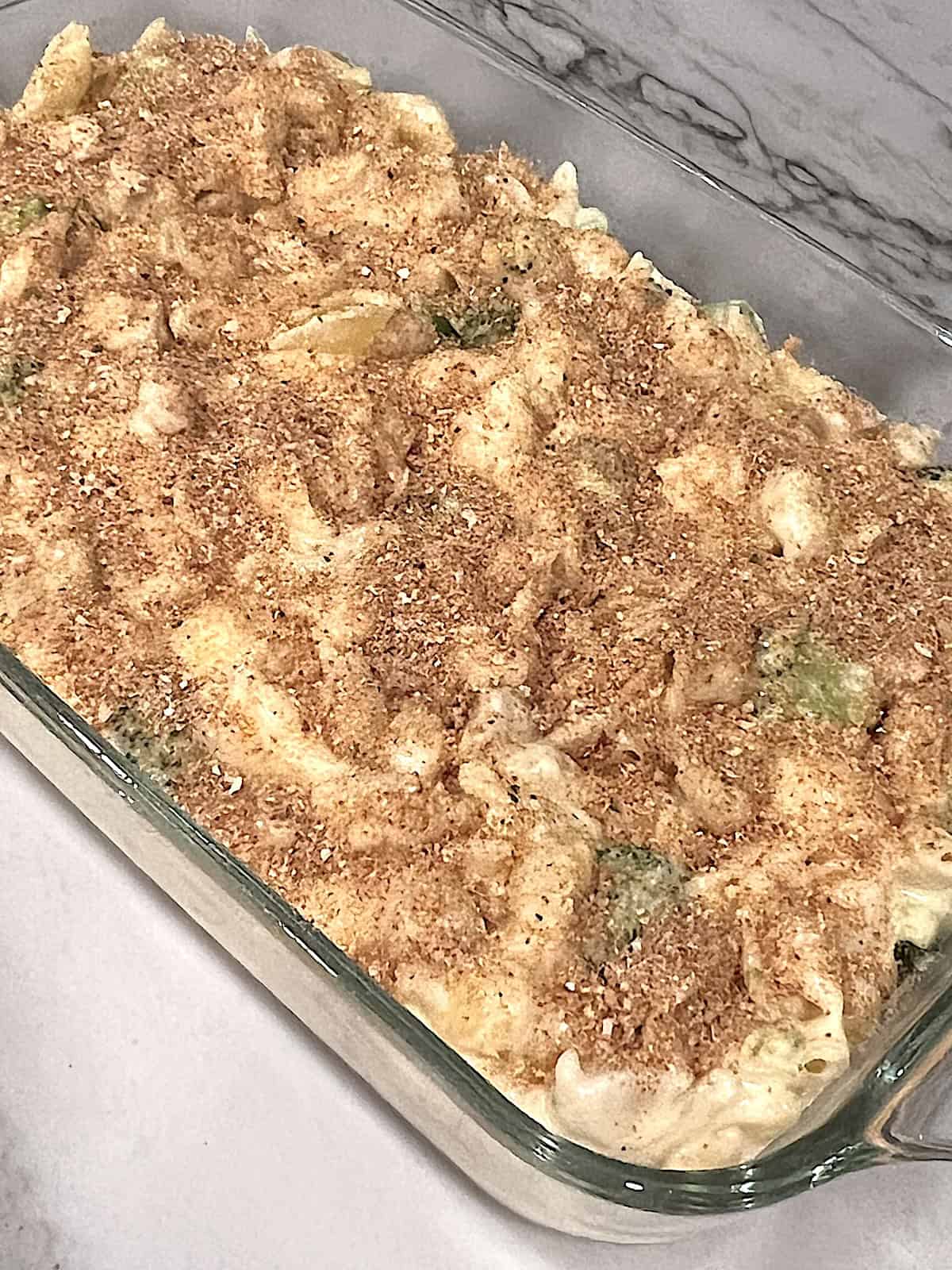 Chicken Broccoli Mac & Cheese Baked in the oven ready to serve.