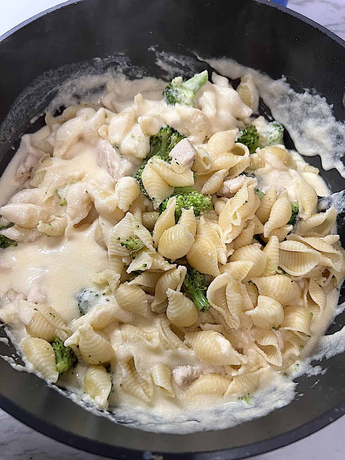 Chicken Broccoli Mac & Cheese Cooked pasta shells chicken and broccoli added to pot with cheese sauce.