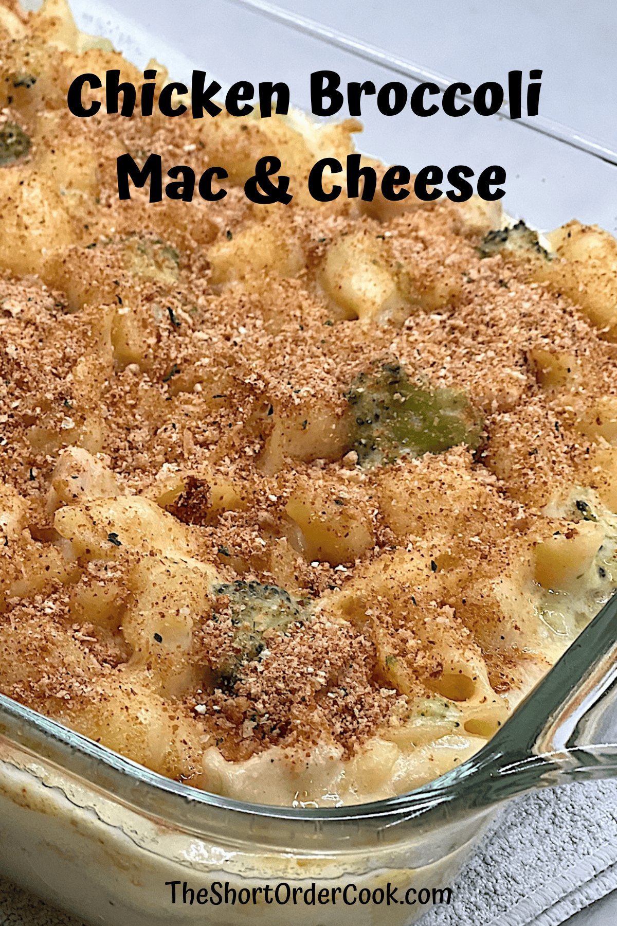 Chicken Broccoli Mac & Cheese topped with breadcrumbs fresh baked from the oven.